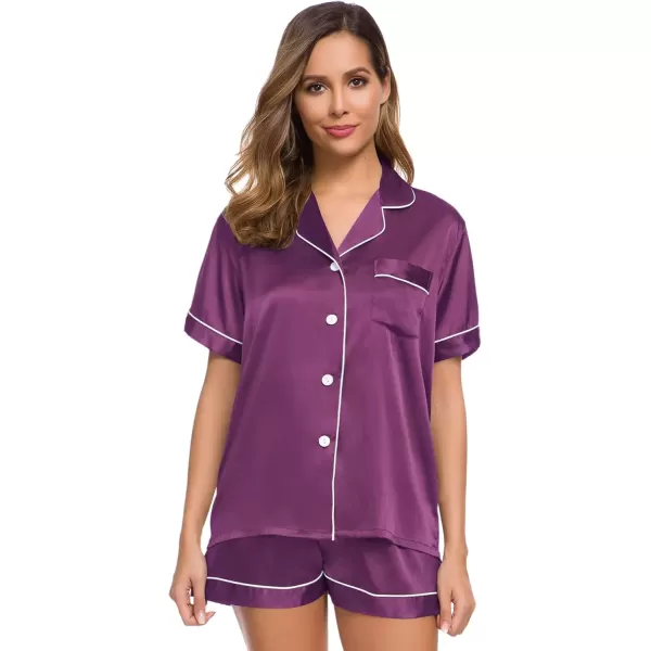 imageSWOMOG Womens Silk Satin Pajamas Set Short Sleeve Sleepwear Button Down Top and Shorts Loungewear 2 Piece Pjs Set XS3XLPearly Purple