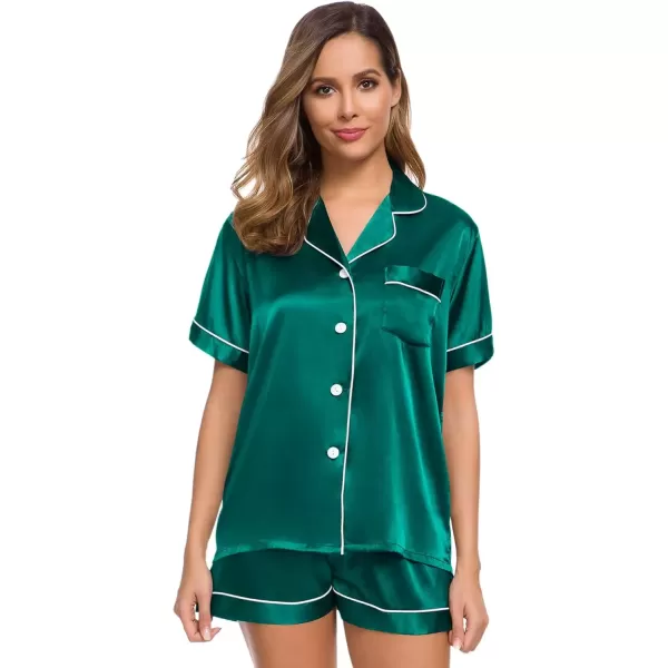 imageSWOMOG Womens Silk Satin Pajamas Set Short Sleeve Sleepwear Button Down Top and Shorts Loungewear 2 Piece Pjs Set XS3XLPersian Green