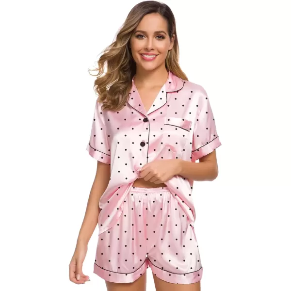 imageSWOMOG Womens Silk Satin Pajamas Set Short Sleeve Sleepwear Button Down Top and Shorts Loungewear 2 Piece Pjs Set XS3XLPink Dots