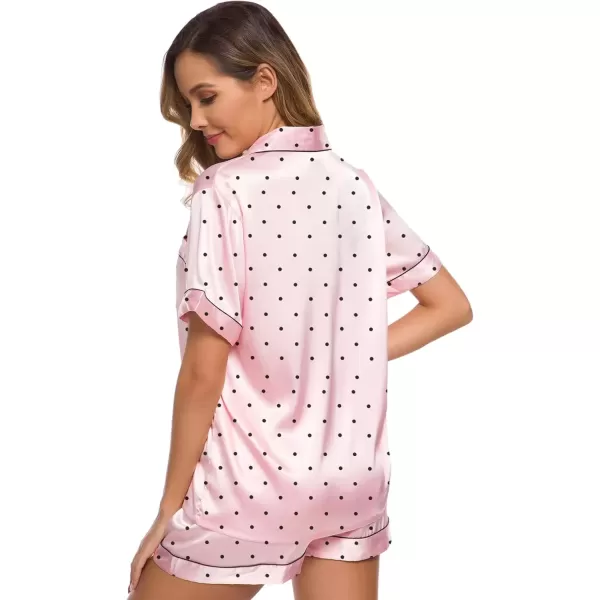 imageSWOMOG Womens Silk Satin Pajamas Set Short Sleeve Sleepwear Button Down Top and Shorts Loungewear 2 Piece Pjs Set XS3XLPink Dots