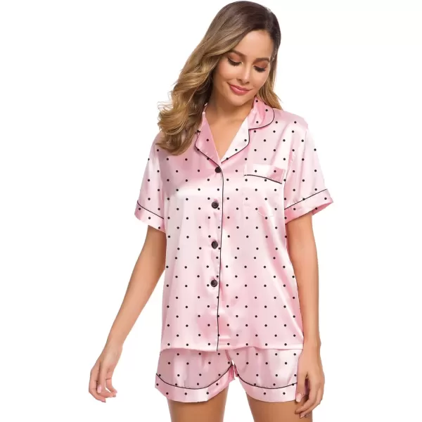 imageSWOMOG Womens Silk Satin Pajamas Set Short Sleeve Sleepwear Button Down Top and Shorts Loungewear 2 Piece Pjs Set XS3XLPink Dots