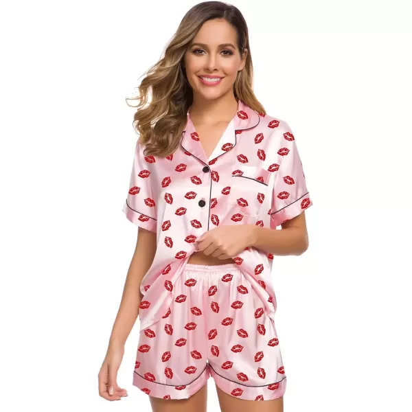 imageSWOMOG Womens Silk Satin Pajamas Set Short Sleeve Sleepwear Button Down Top and Shorts Loungewear 2 Piece Pjs Set XS3XLPink Kiss