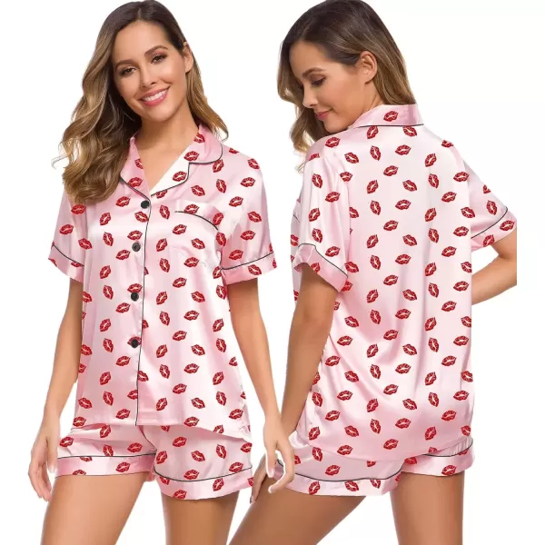 imageSWOMOG Womens Silk Satin Pajamas Set Short Sleeve Sleepwear Button Down Top and Shorts Loungewear 2 Piece Pjs Set XS3XLPink Kiss