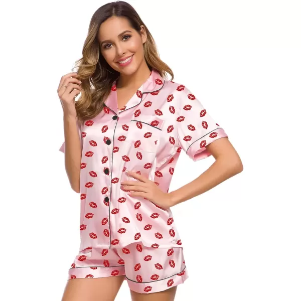 imageSWOMOG Womens Silk Satin Pajamas Set Short Sleeve Sleepwear Button Down Top and Shorts Loungewear 2 Piece Pjs Set XS3XLPink Kiss