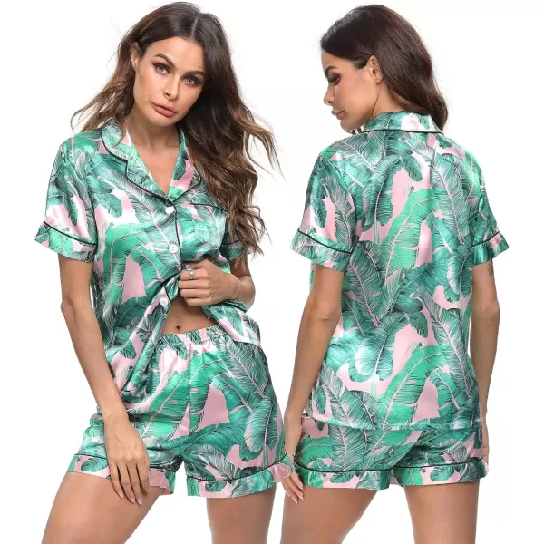 imageSWOMOG Womens Silk Satin Pajamas Set Short Sleeve Sleepwear Button Down Top and Shorts Loungewear 2 Piece Pjs Set XS3XLPink Leaves