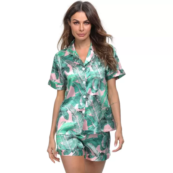 imageSWOMOG Womens Silk Satin Pajamas Set Short Sleeve Sleepwear Button Down Top and Shorts Loungewear 2 Piece Pjs Set XS3XLPink Leaves Solid