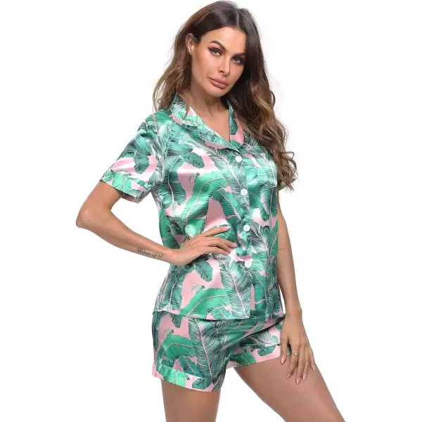 imageSWOMOG Womens Silk Satin Pajamas Set Short Sleeve Sleepwear Button Down Top and Shorts Loungewear 2 Piece Pjs Set XS3XLPink Leaves Solid