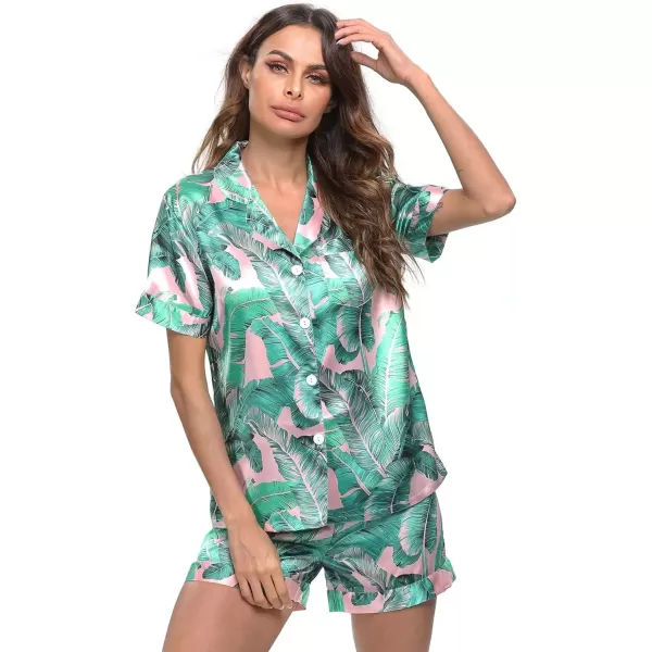 imageSWOMOG Womens Silk Satin Pajamas Set Short Sleeve Sleepwear Button Down Top and Shorts Loungewear 2 Piece Pjs Set XS3XLPink Leaves Solid