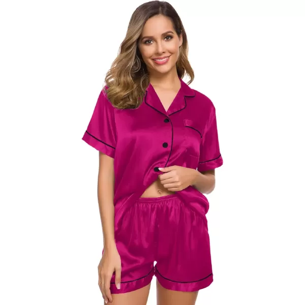 imageSWOMOG Womens Silk Satin Pajamas Set Short Sleeve Sleepwear Button Down Top and Shorts Loungewear 2 Piece Pjs Set XS3XLPitaya