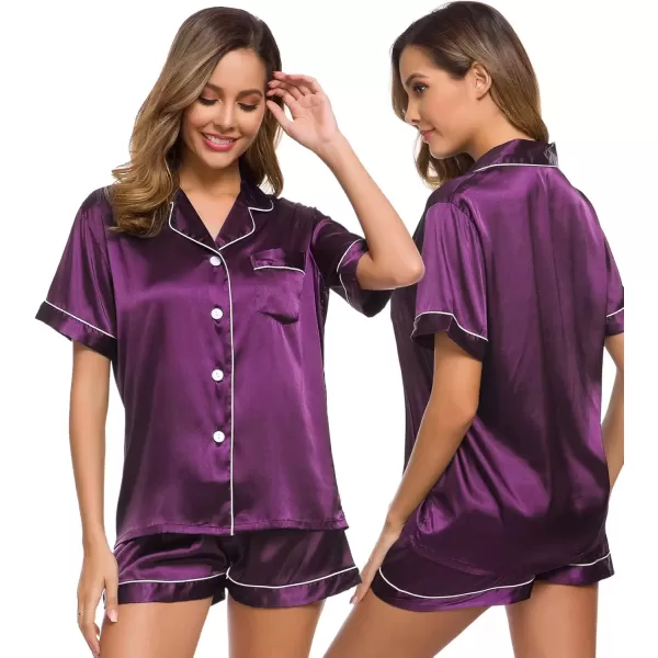 imageSWOMOG Womens Silk Satin Pajamas Set Short Sleeve Sleepwear Button Down Top and Shorts Loungewear 2 Piece Pjs Set XS3XLPurple