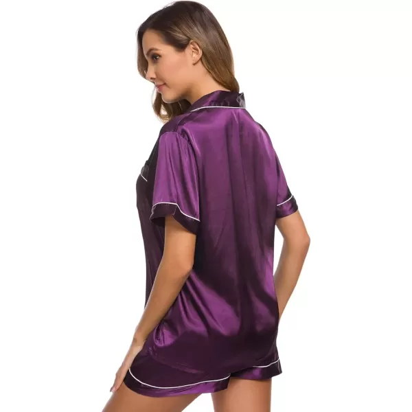 imageSWOMOG Womens Silk Satin Pajamas Set Short Sleeve Sleepwear Button Down Top and Shorts Loungewear 2 Piece Pjs Set XS3XLPurple