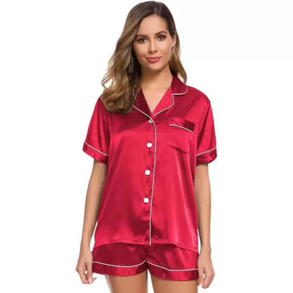 imageSWOMOG Womens Silk Satin Pajamas Set Short Sleeve Sleepwear Button Down Top and Shorts Loungewear 2 Piece Pjs Set XS3XLRed