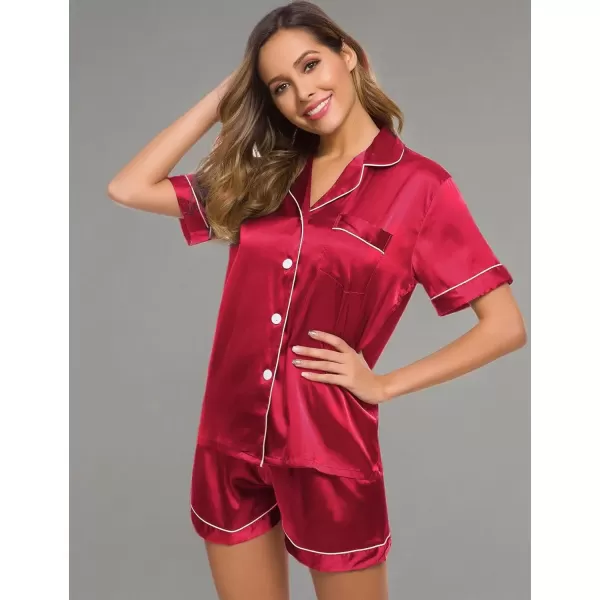 imageSWOMOG Womens Silk Satin Pajamas Set Short Sleeve Sleepwear Button Down Top and Shorts Loungewear 2 Piece Pjs Set XS3XLRed