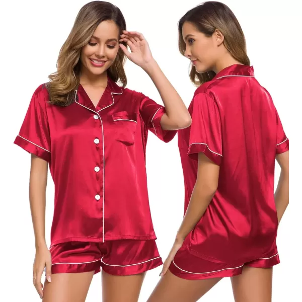 imageSWOMOG Womens Silk Satin Pajamas Set Short Sleeve Sleepwear Button Down Top and Shorts Loungewear 2 Piece Pjs Set XS3XLRed