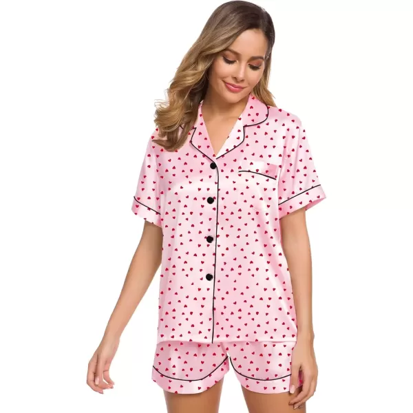 imageSWOMOG Womens Silk Satin Pajamas Set Short Sleeve Sleepwear Button Down Top and Shorts Loungewear 2 Piece Pjs Set XS3XLRed Heart With Pink