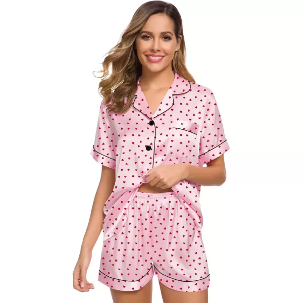 imageSWOMOG Womens Silk Satin Pajamas Set Short Sleeve Sleepwear Button Down Top and Shorts Loungewear 2 Piece Pjs Set XS3XLRed Heart With Pink