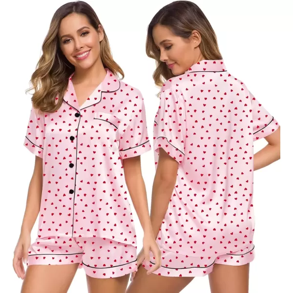 imageSWOMOG Womens Silk Satin Pajamas Set Short Sleeve Sleepwear Button Down Top and Shorts Loungewear 2 Piece Pjs Set XS3XLRed Heart With Pink