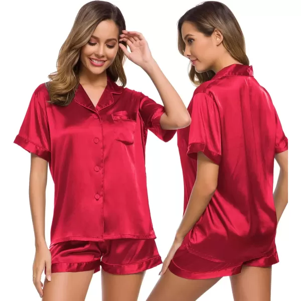 imageSWOMOG Womens Silk Satin Pajamas Set Short Sleeve Sleepwear Button Down Top and Shorts Loungewear 2 Piece Pjs Set XS3XLRed Solid