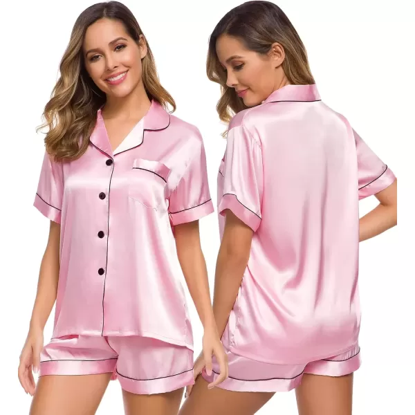 imageSWOMOG Womens Silk Satin Pajamas Set Short Sleeve Sleepwear Button Down Top and Shorts Loungewear 2 Piece Pjs Set XS3XLRose Pink