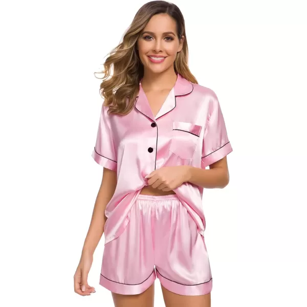 imageSWOMOG Womens Silk Satin Pajamas Set Short Sleeve Sleepwear Button Down Top and Shorts Loungewear 2 Piece Pjs Set XS3XLRose Pink