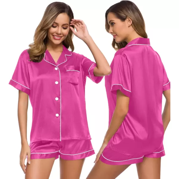 imageSWOMOG Womens Silk Satin Pajamas Set Short Sleeve Sleepwear Button Down Top and Shorts Loungewear 2 Piece Pjs Set XS3XLRose Red