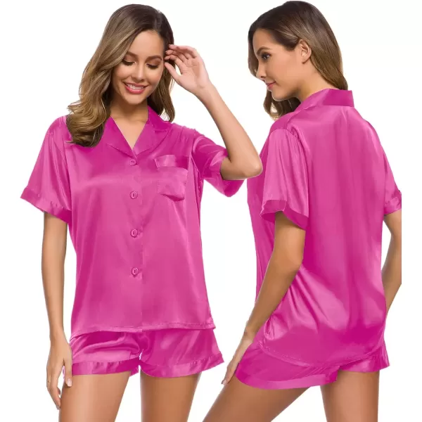 imageSWOMOG Womens Silk Satin Pajamas Set Short Sleeve Sleepwear Button Down Top and Shorts Loungewear 2 Piece Pjs Set XS3XLRose Red Solid