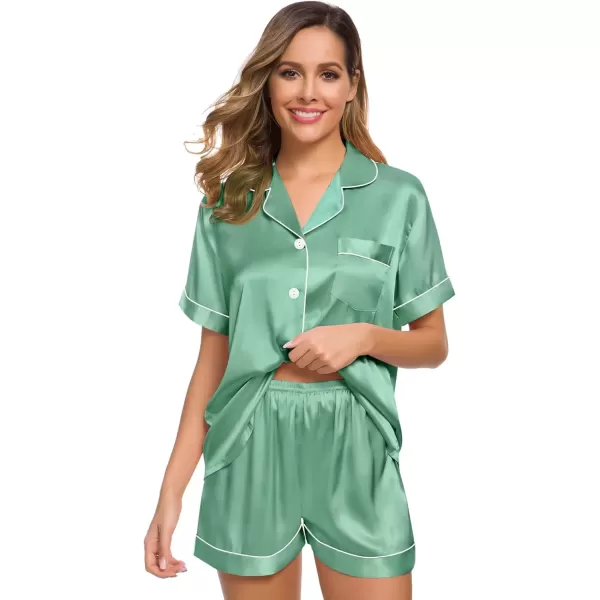 imageSWOMOG Womens Silk Satin Pajamas Set Short Sleeve Sleepwear Button Down Top and Shorts Loungewear 2 Piece Pjs Set XS3XLSage