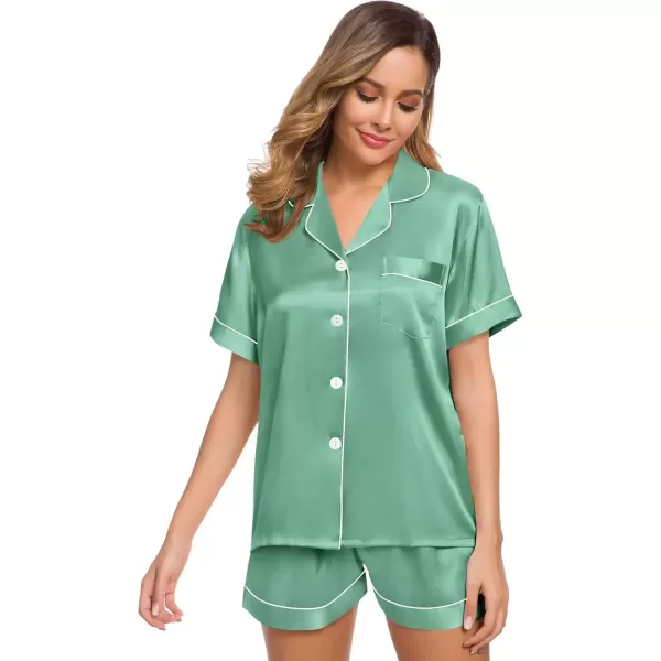 imageSWOMOG Womens Silk Satin Pajamas Set Short Sleeve Sleepwear Button Down Top and Shorts Loungewear 2 Piece Pjs Set XS3XLSage