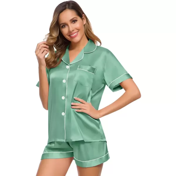 imageSWOMOG Womens Silk Satin Pajamas Set Short Sleeve Sleepwear Button Down Top and Shorts Loungewear 2 Piece Pjs Set XS3XLSage