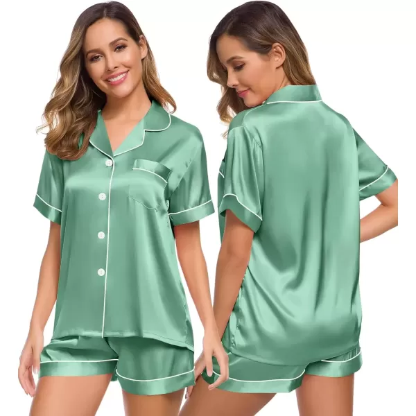 imageSWOMOG Womens Silk Satin Pajamas Set Short Sleeve Sleepwear Button Down Top and Shorts Loungewear 2 Piece Pjs Set XS3XLSage