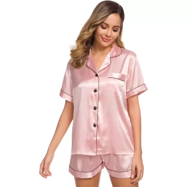 imageSWOMOG Womens Silk Satin Pajamas Set Short Sleeve Sleepwear Button Down Top and Shorts Loungewear 2 Piece Pjs Set XS3XLSakura Pink