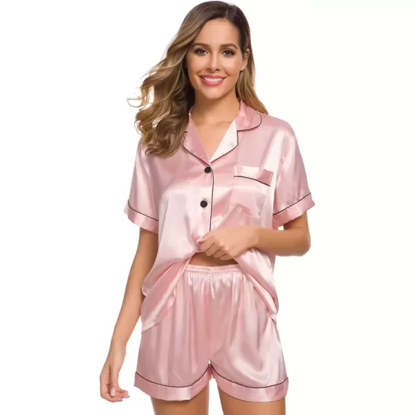 imageSWOMOG Womens Silk Satin Pajamas Set Short Sleeve Sleepwear Button Down Top and Shorts Loungewear 2 Piece Pjs Set XS3XLSakura Pink