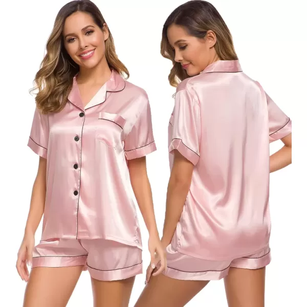 imageSWOMOG Womens Silk Satin Pajamas Set Short Sleeve Sleepwear Button Down Top and Shorts Loungewear 2 Piece Pjs Set XS3XLSakura Pink