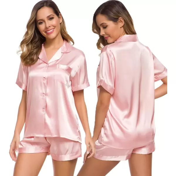 imageSWOMOG Womens Silk Satin Pajamas Set Short Sleeve Sleepwear Button Down Top and Shorts Loungewear 2 Piece Pjs Set XS3XLSakura Pink Solid