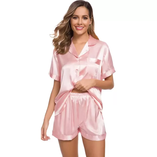 imageSWOMOG Womens Silk Satin Pajamas Set Short Sleeve Sleepwear Button Down Top and Shorts Loungewear 2 Piece Pjs Set XS3XLSakura Pink Solid