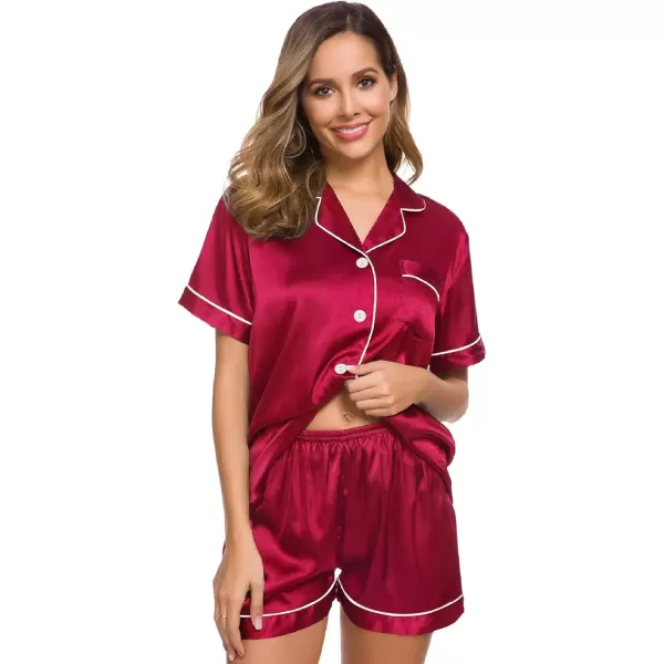 imageSWOMOG Womens Silk Satin Pajamas Set Short Sleeve Sleepwear Button Down Top and Shorts Loungewear 2 Piece Pjs Set XS3XLScarlet Red