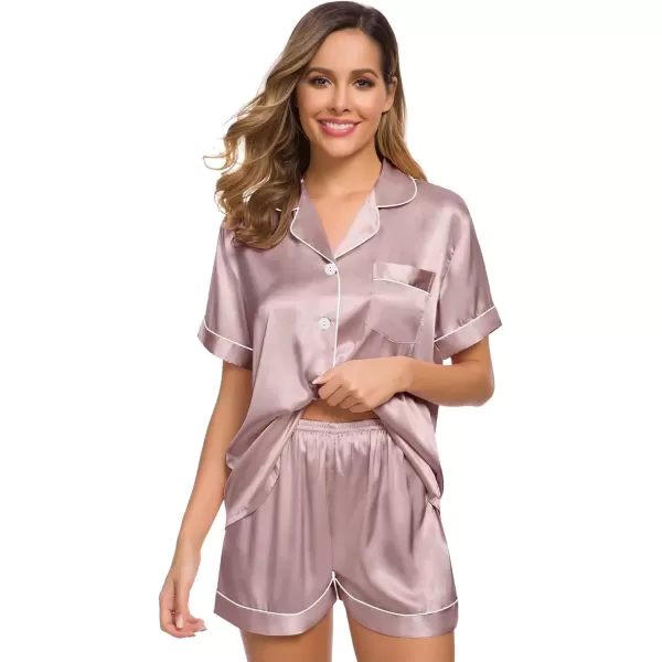 imageSWOMOG Womens Silk Satin Pajamas Set Short Sleeve Sleepwear Button Down Top and Shorts Loungewear 2 Piece Pjs Set XS3XLShimmering Blush