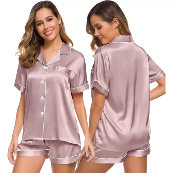 imageSWOMOG Womens Silk Satin Pajamas Set Short Sleeve Sleepwear Button Down Top and Shorts Loungewear 2 Piece Pjs Set XS3XLShimmering Blush