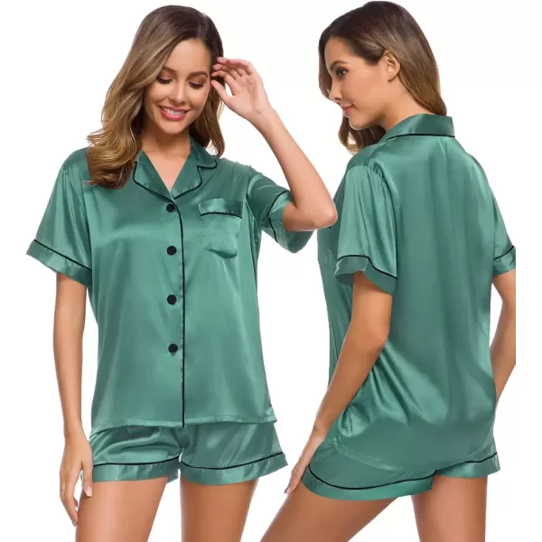 imageSWOMOG Womens Silk Satin Pajamas Set Short Sleeve Sleepwear Button Down Top and Shorts Loungewear 2 Piece Pjs Set XS3XLSmog Green