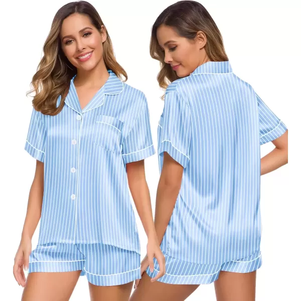 imageSWOMOG Womens Silk Satin Pajamas Set Short Sleeve Sleepwear Button Down Top and Shorts Loungewear 2 Piece Pjs Set XS3XLStriped Blue