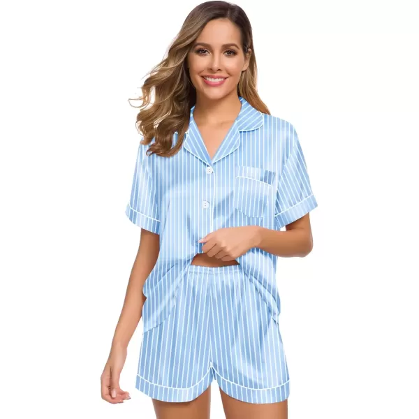 imageSWOMOG Womens Silk Satin Pajamas Set Short Sleeve Sleepwear Button Down Top and Shorts Loungewear 2 Piece Pjs Set XS3XLStriped Blue