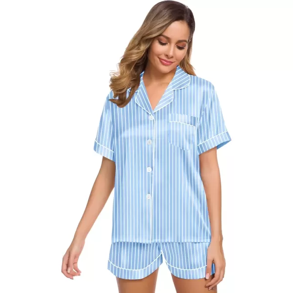 imageSWOMOG Womens Silk Satin Pajamas Set Short Sleeve Sleepwear Button Down Top and Shorts Loungewear 2 Piece Pjs Set XS3XLStriped Blue