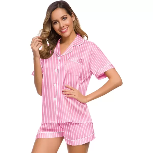 imageSWOMOG Womens Silk Satin Pajamas Set Short Sleeve Sleepwear Button Down Top and Shorts Loungewear 2 Piece Pjs Set XS3XLStriped Pink