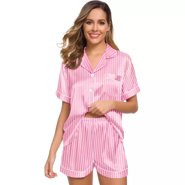 imageSWOMOG Womens Silk Satin Pajamas Set Short Sleeve Sleepwear Button Down Top and Shorts Loungewear 2 Piece Pjs Set XS3XLStriped Pink