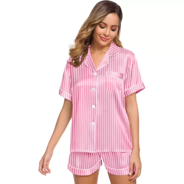 imageSWOMOG Womens Silk Satin Pajamas Set Short Sleeve Sleepwear Button Down Top and Shorts Loungewear 2 Piece Pjs Set XS3XLStriped Pink