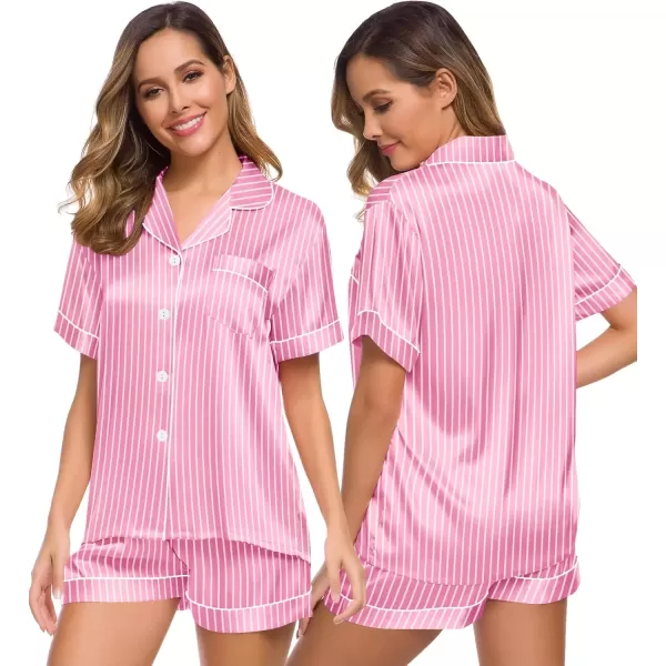 imageSWOMOG Womens Silk Satin Pajamas Set Short Sleeve Sleepwear Button Down Top and Shorts Loungewear 2 Piece Pjs Set XS3XLStriped Pink