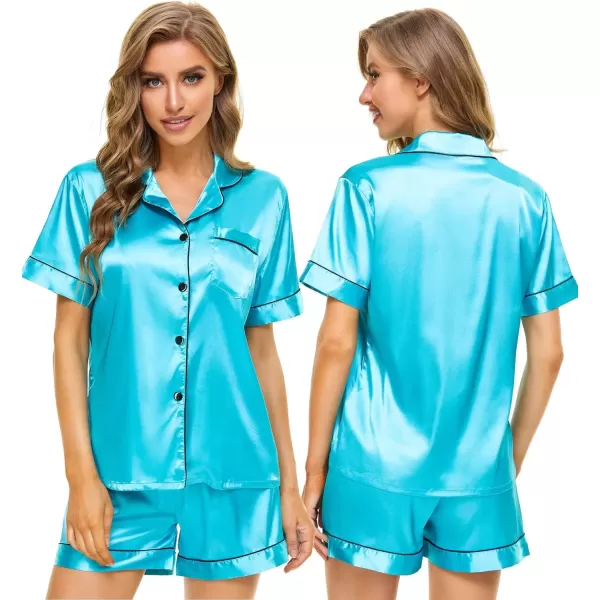 imageSWOMOG Womens Silk Satin Pajamas Set Short Sleeve Sleepwear Button Down Top and Shorts Loungewear 2 Piece Pjs Set XS3XLTf Blue