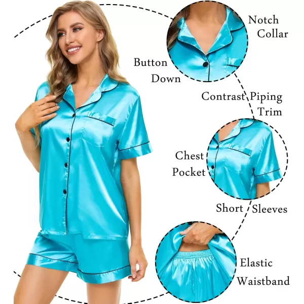 imageSWOMOG Womens Silk Satin Pajamas Set Short Sleeve Sleepwear Button Down Top and Shorts Loungewear 2 Piece Pjs Set XS3XLTf Blue