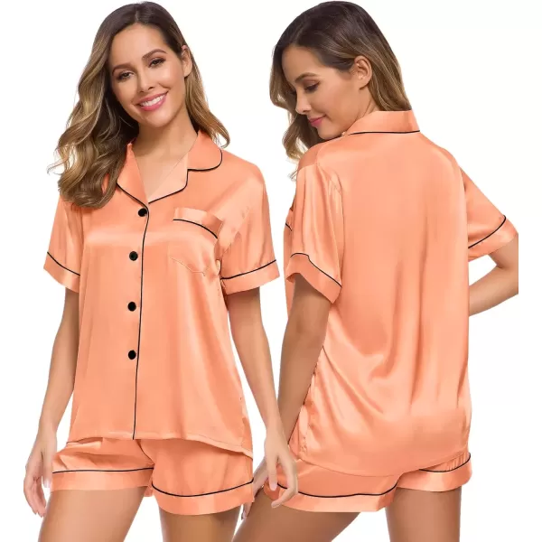 imageSWOMOG Womens Silk Satin Pajamas Set Short Sleeve Sleepwear Button Down Top and Shorts Loungewear 2 Piece Pjs Set XS3XLVivid Tangerine