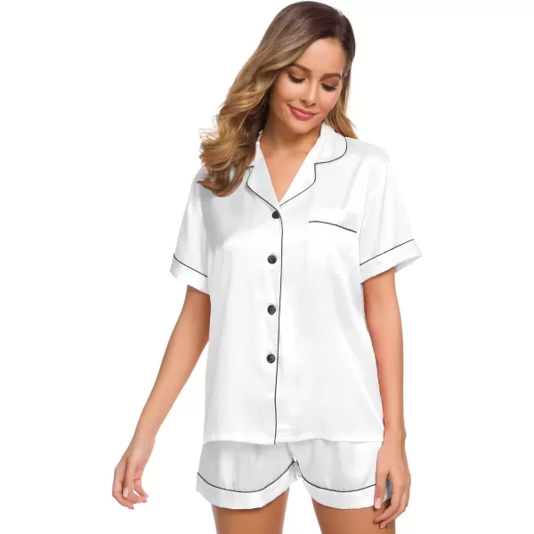 imageSWOMOG Womens Silk Satin Pajamas Set Short Sleeve Sleepwear Button Down Top and Shorts Loungewear 2 Piece Pjs Set XS3XLWhite